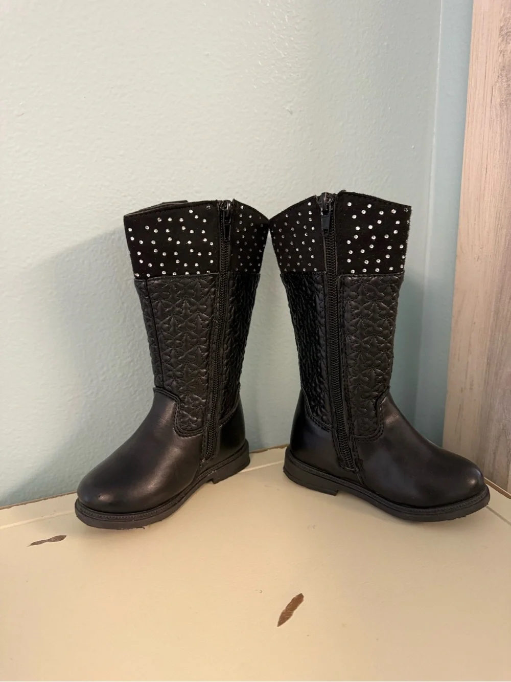 Bebe Girls Black Butterfly Heart Rhinestone Tall Boots Size 6 Side Zip